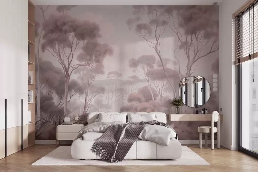 peintures murales Un paysage forestier brumeux avec de grands eucalyptus, des collines ondulantes sous un ciel nuageux, illustration texturée w09822v1