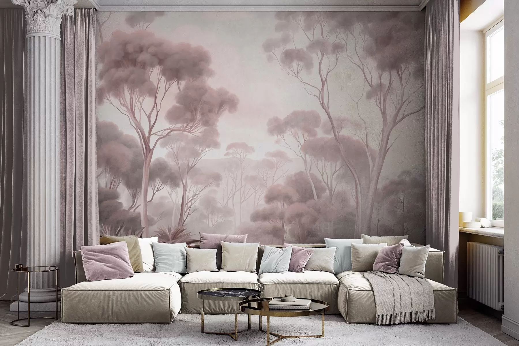 Wall Mural Photo Wallpaper A misty forest landscape with tall eucalyptus trees, with rolling hills under a cloudy sky, textured art w09822v1