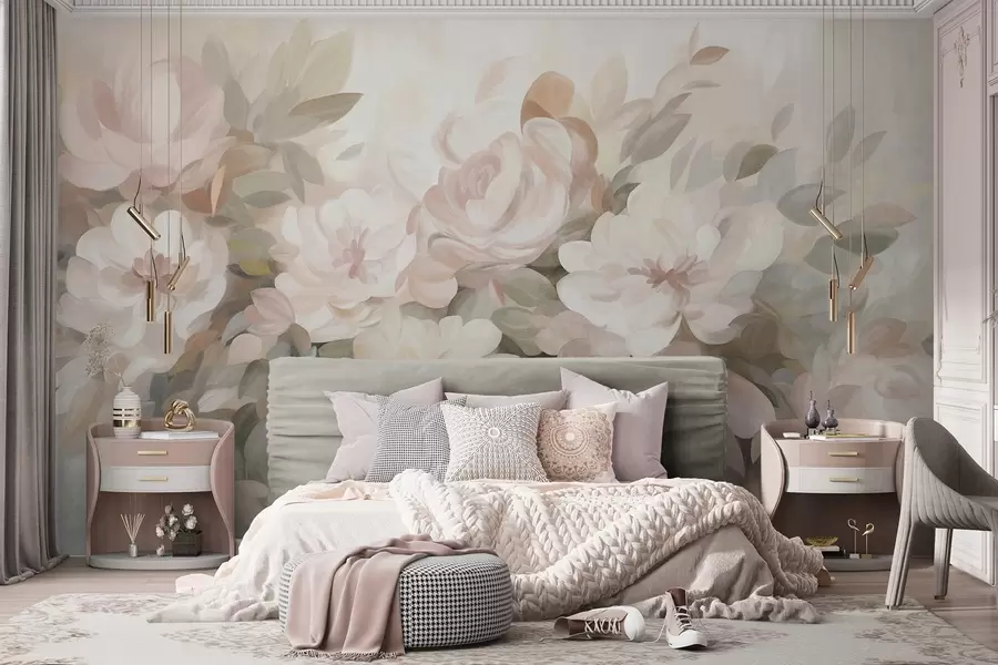 Wall Mural Photo Wallpaper Pale pink and white flowers with green leaves, painted style, impressionistic style, textured art w09824