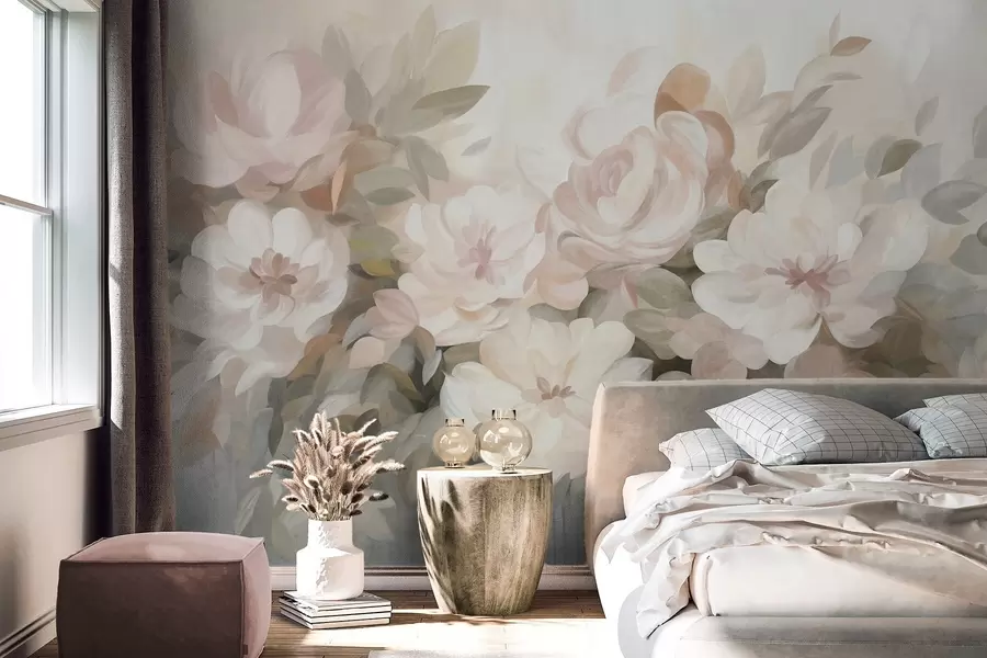 Wall Mural Photo Wallpaper Pale pink and white flowers with green leaves, painted style, impressionistic style, textured art w09824