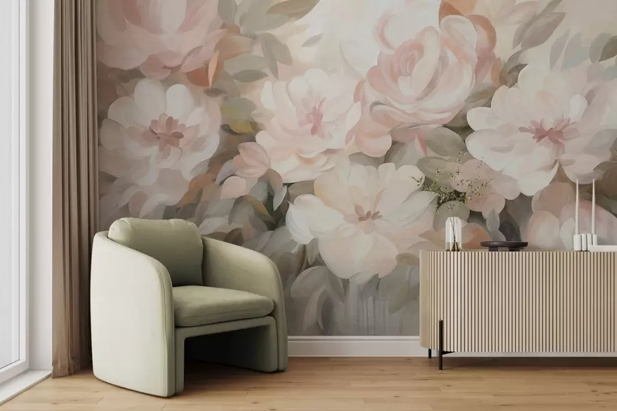 peintures murales Fleurs rose pâle et blanches avec des feuilles vertes, style peint, style impressionniste, art texturé w09824