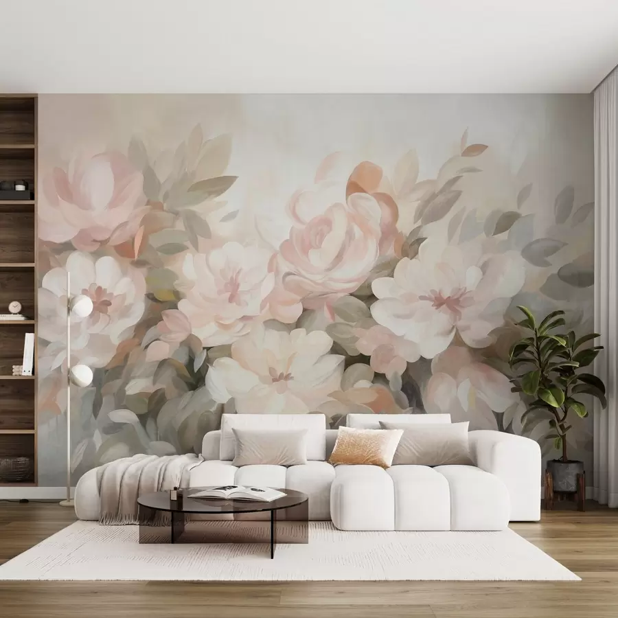 murales Flores de color rosa pálido y blanco con hojas verdes, estilo pictórico, estilo impresionista, arte texturizado w09824