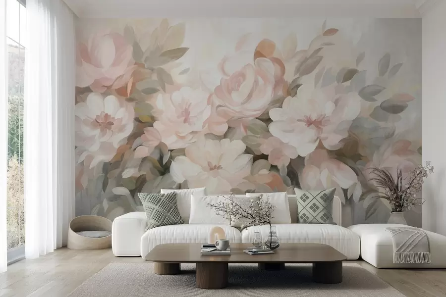 murales Flores de color rosa pálido y blanco con hojas verdes, estilo pictórico, estilo impresionista, arte texturizado w09824