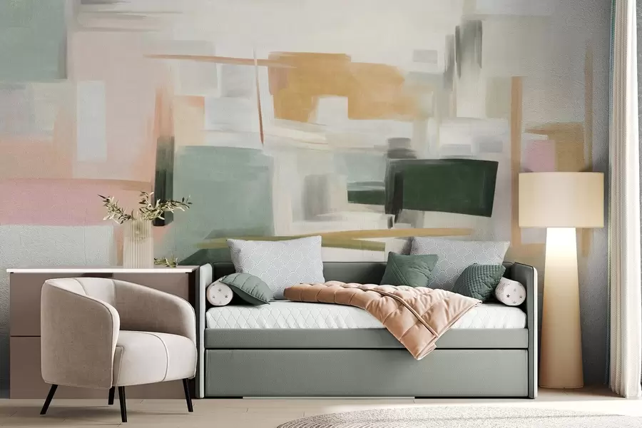 wall murals Abstract minimalist painting style with soft pastel colors, geometric shapes and lines w09828