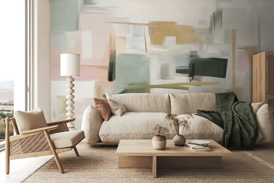 peintures murales Style de peinture abstraite minimaliste, caractérisé par des couleurs pastel douces, des formes géométriques et des lignes w09828