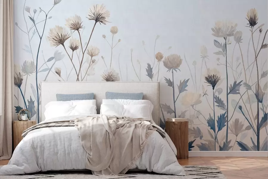 Wall Mural Photo Wallpaper Wild field grasses and flowers painted in a scenic style against a light background w05563