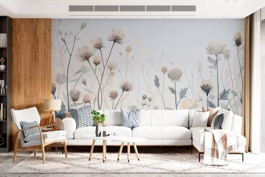 murales Hierbas y flores silvestres pintadas en un estilo paisajístico sobre un fondo claro w05563