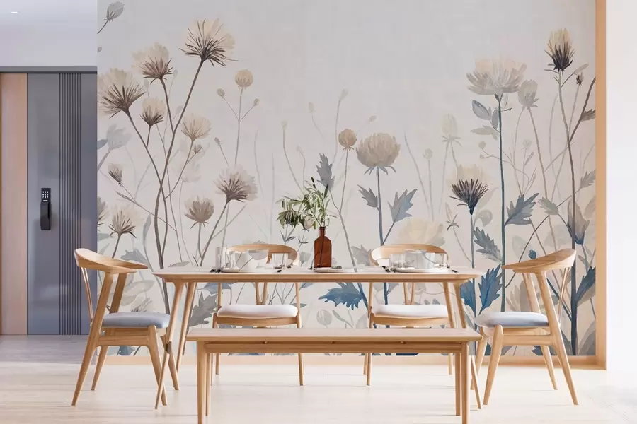 Wall Mural Photo Wallpaper Wild field grasses and flowers painted in a scenic style against a light background w05563