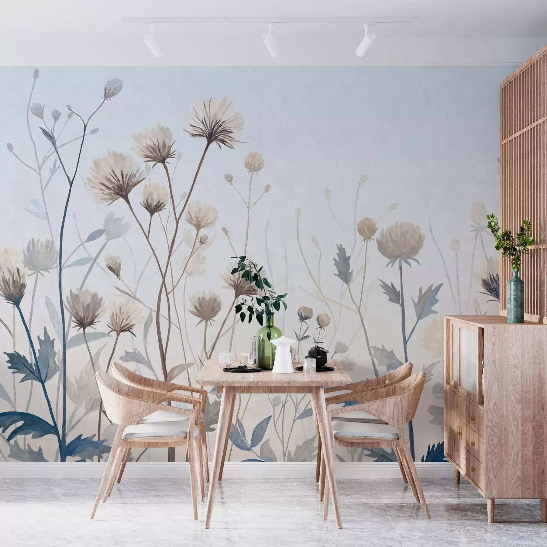 peintures murales Des herbes et des fleurs sauvages peintes dans un style pittoresque sur un fond clair w05563