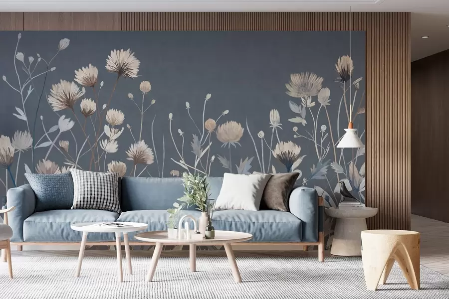 murais de parede Flores silvestres e ervas retratadas num estilo pictórico sobre um fundo azul escuro w05563v1