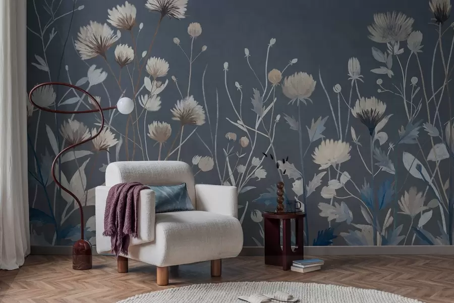 wall murals Wild wildflowers and grasses rendered in a painterly style against a dark blue background w05563v1