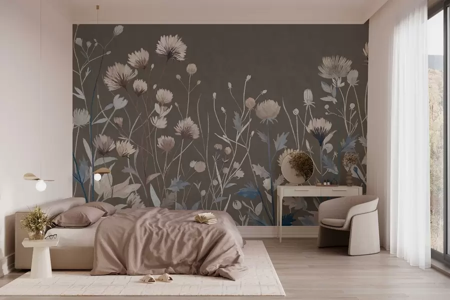 murales Hierbas y flores silvestres de campo representadas con un estilo pictórico sobre un fondo gris-marrón w05563v2