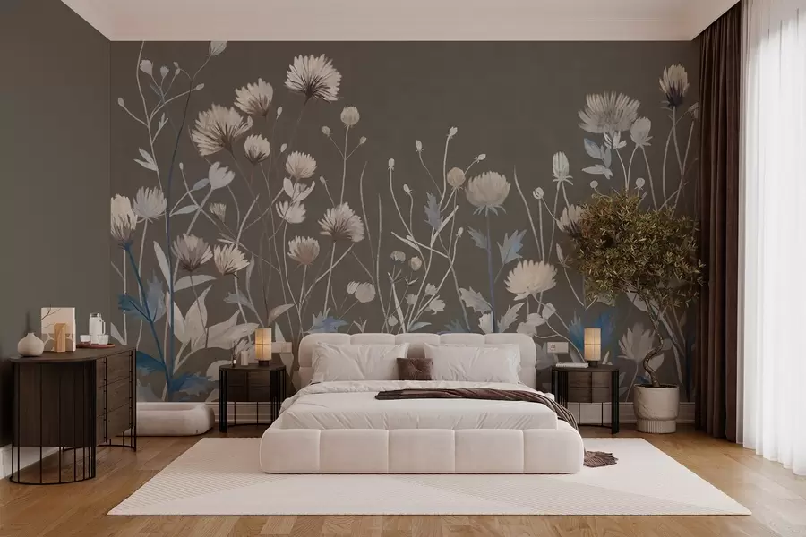 peintures murales Des herbes et des fleurs sauvages représentées dans un style pictural sur un fond gris-brun w05563v2