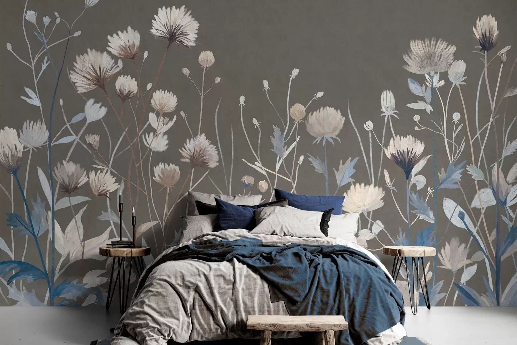 peintures murales Des herbes et des fleurs sauvages représentées dans un style pictural sur un fond gris-brun w05563v2