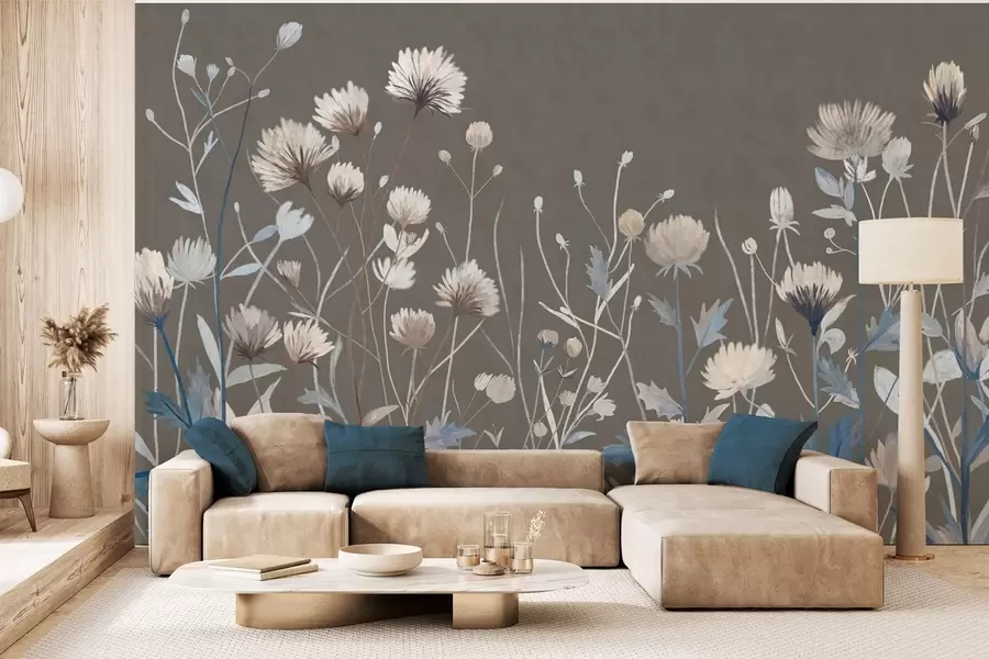 murais de parede Ervas e flores silvestres retratadas num estilo pictórico sobre um fundo cinzento-acastanhado w05563v2
