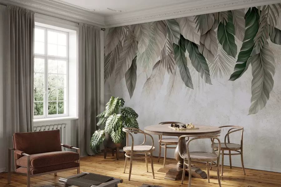 murales Hojas tropicales colgantes sobre hormigón w05521