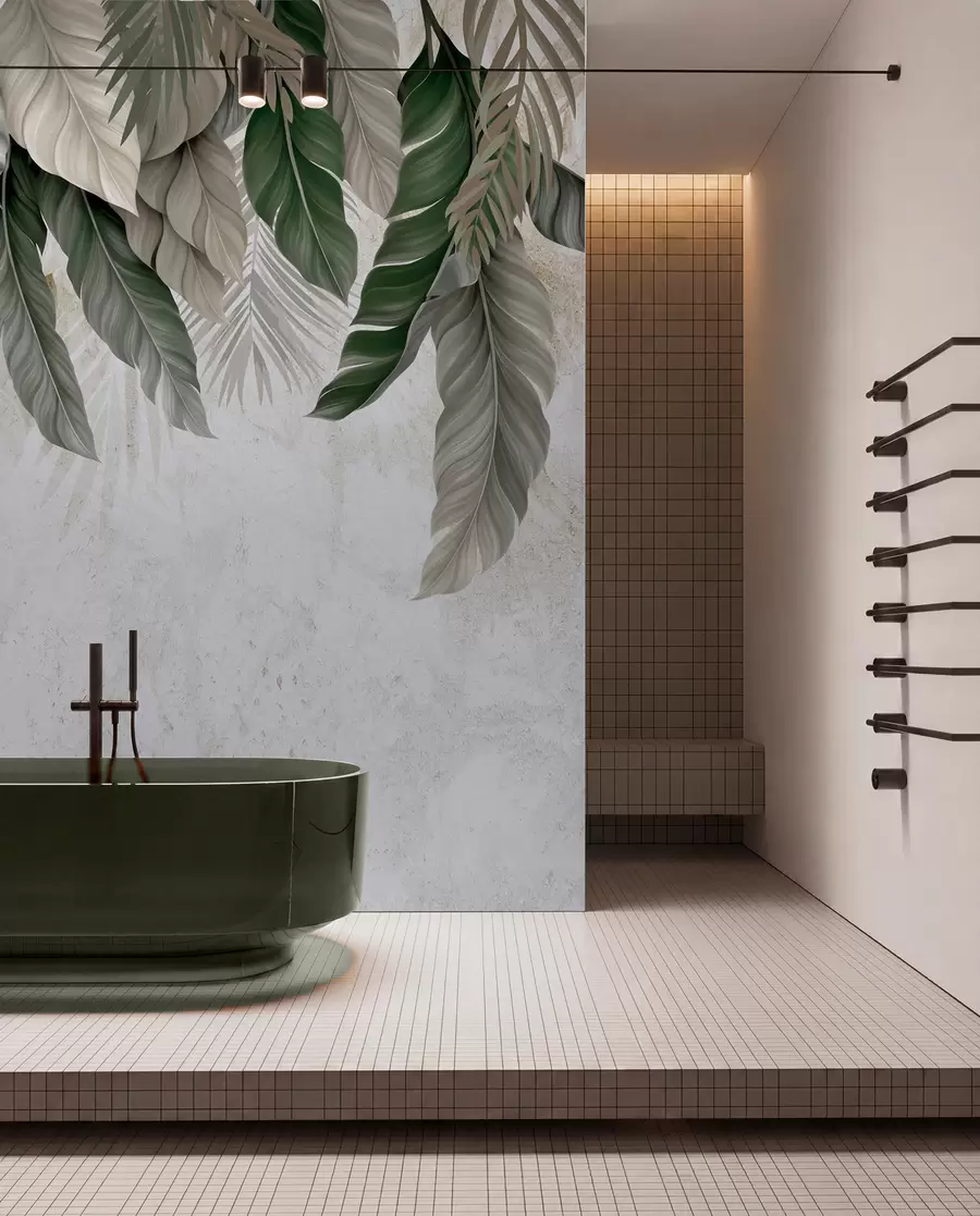 wall murals Tropical hanging leaves on concrete w05521