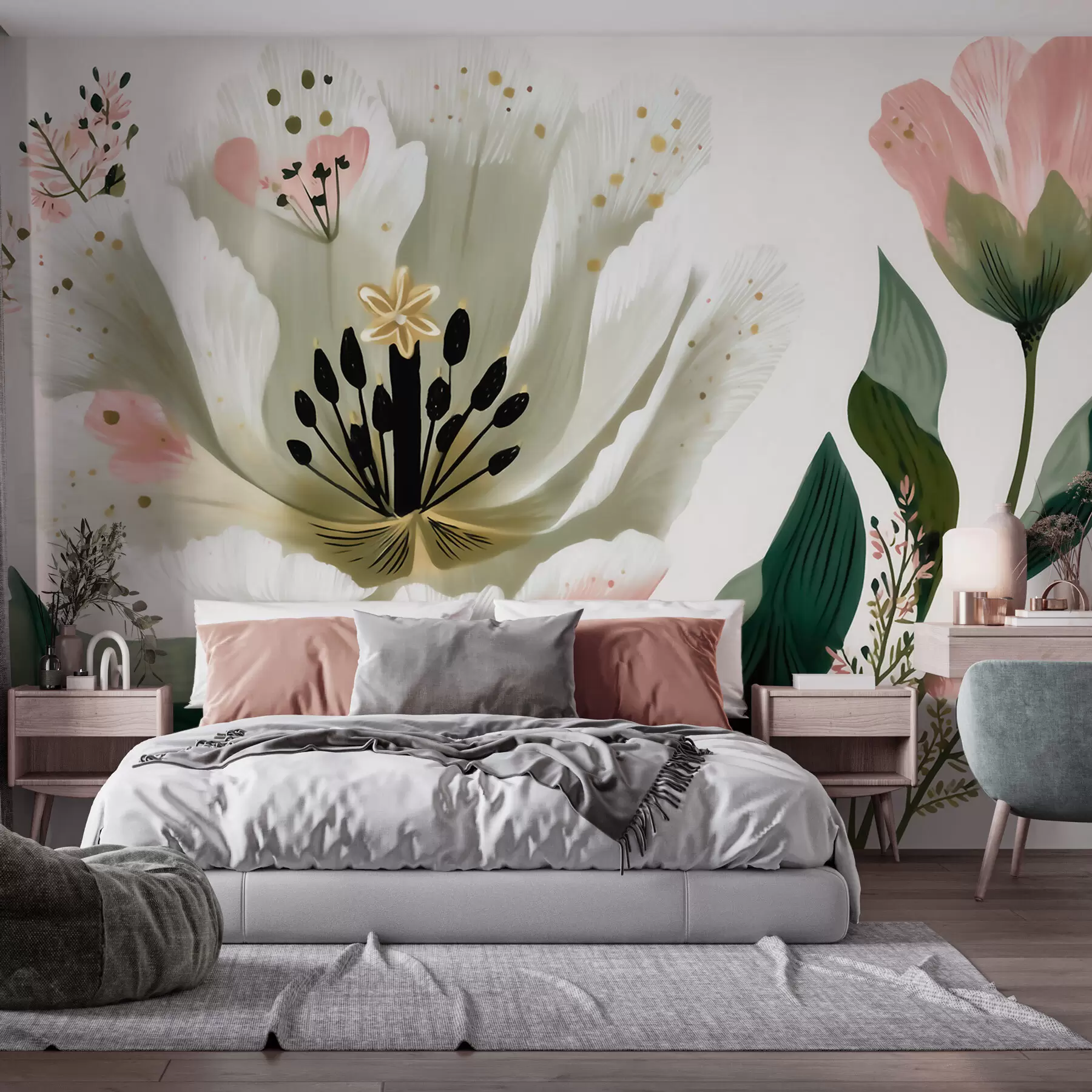 peintures murales Une fleur aux feuilles vertes rehaussées de touches de rose pâle, dans un style aquarelle w09836