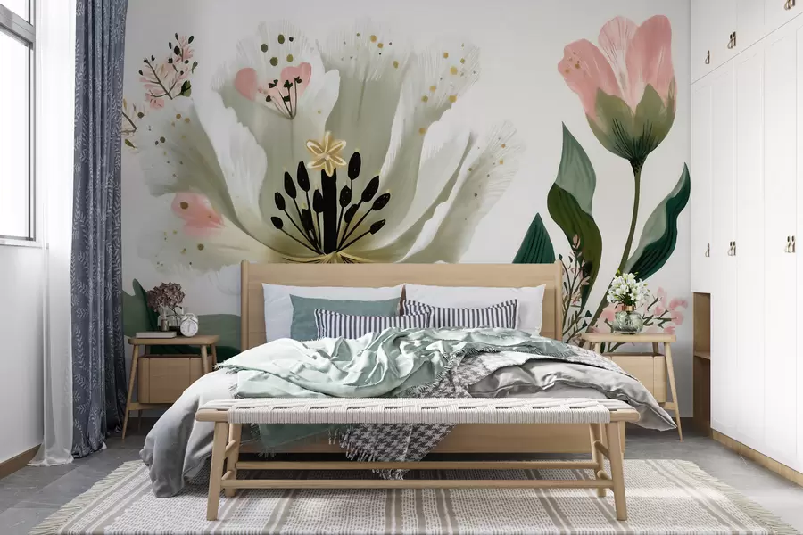 peintures murales Une fleur aux feuilles vertes rehaussées de touches de rose pâle, dans un style aquarelle w09836