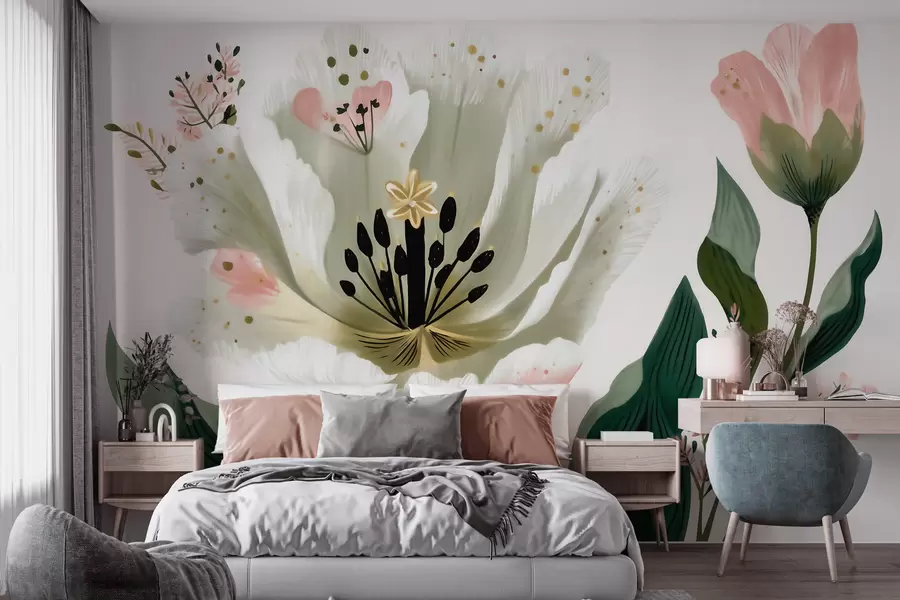 Wall Mural Photo Wallpaper A flower with green leaves and soft pink accents in watercolor style w09836