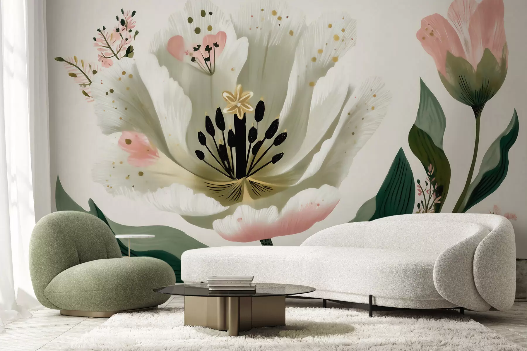 murais de parede Uma flor com folhas verdes e toques em rosa suave, em estilo aquarela w09836