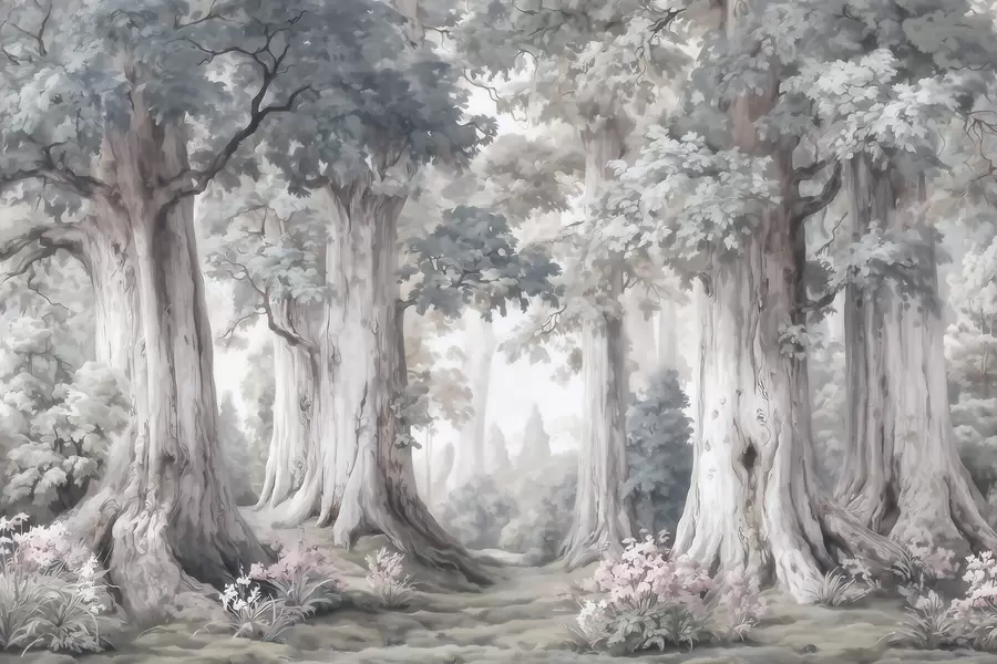 Wall Mural Photo Wallpaper A fairytale forest with tall trees and a gentle muted palette in watercolor style w09849