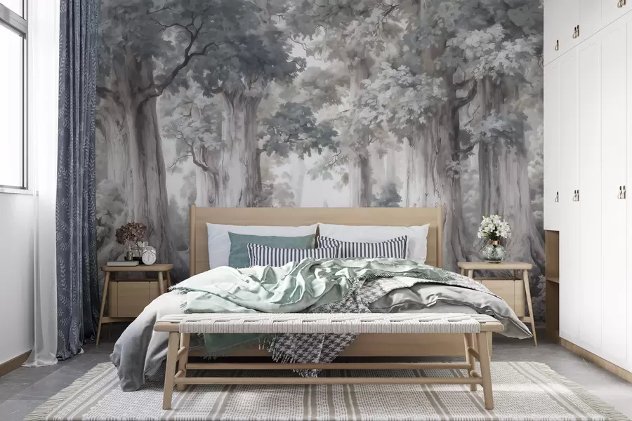 Wall Mural Photo Wallpaper A fairytale forest with tall trees and a gentle muted palette in watercolor style w09849