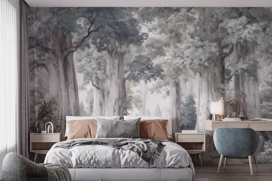 murales Un bosque de cuento de hadas con árboles altos y una paleta de colores suaves y tenues, al estilo de la acuarela w09849