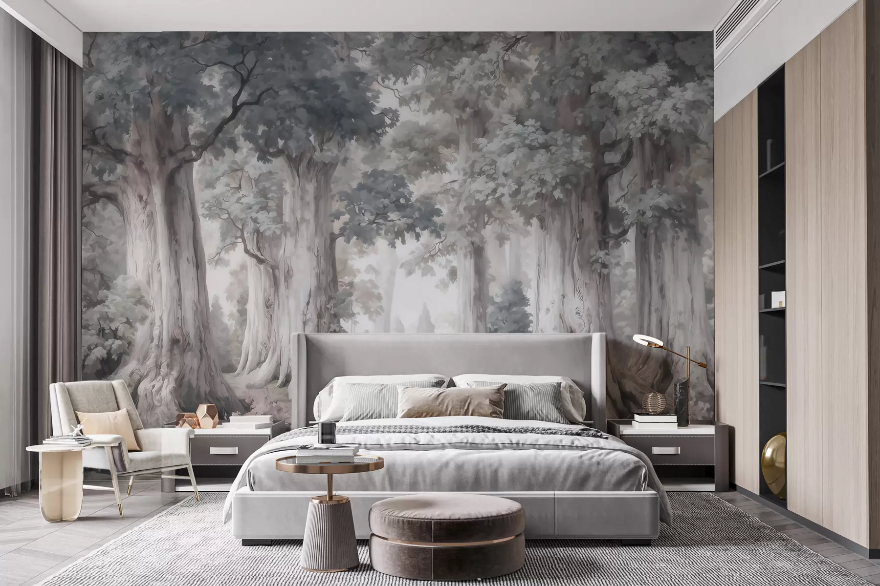 Wall Mural Photo Wallpaper A fairytale forest with tall trees and a gentle muted palette in watercolor style w09849