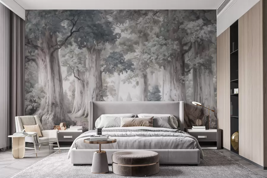 Wall Mural Photo Wallpaper A fairytale forest with tall trees and a gentle muted palette in watercolor style w09849