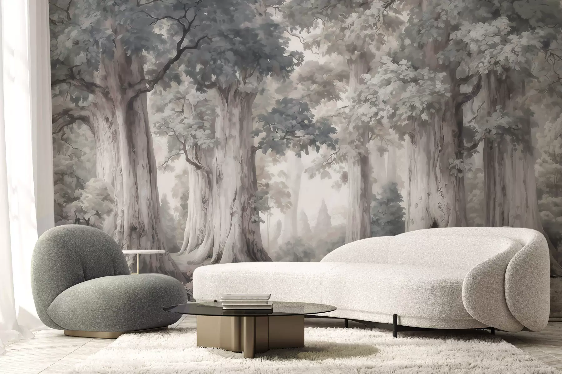 Wall Mural Photo Wallpaper A fairytale forest with tall trees and a gentle muted palette in watercolor style w09849