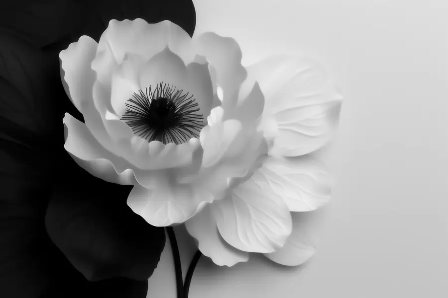 murais de parede Uma flor branca com um centro escuro, em contraste com um fundo a preto e branco w09852