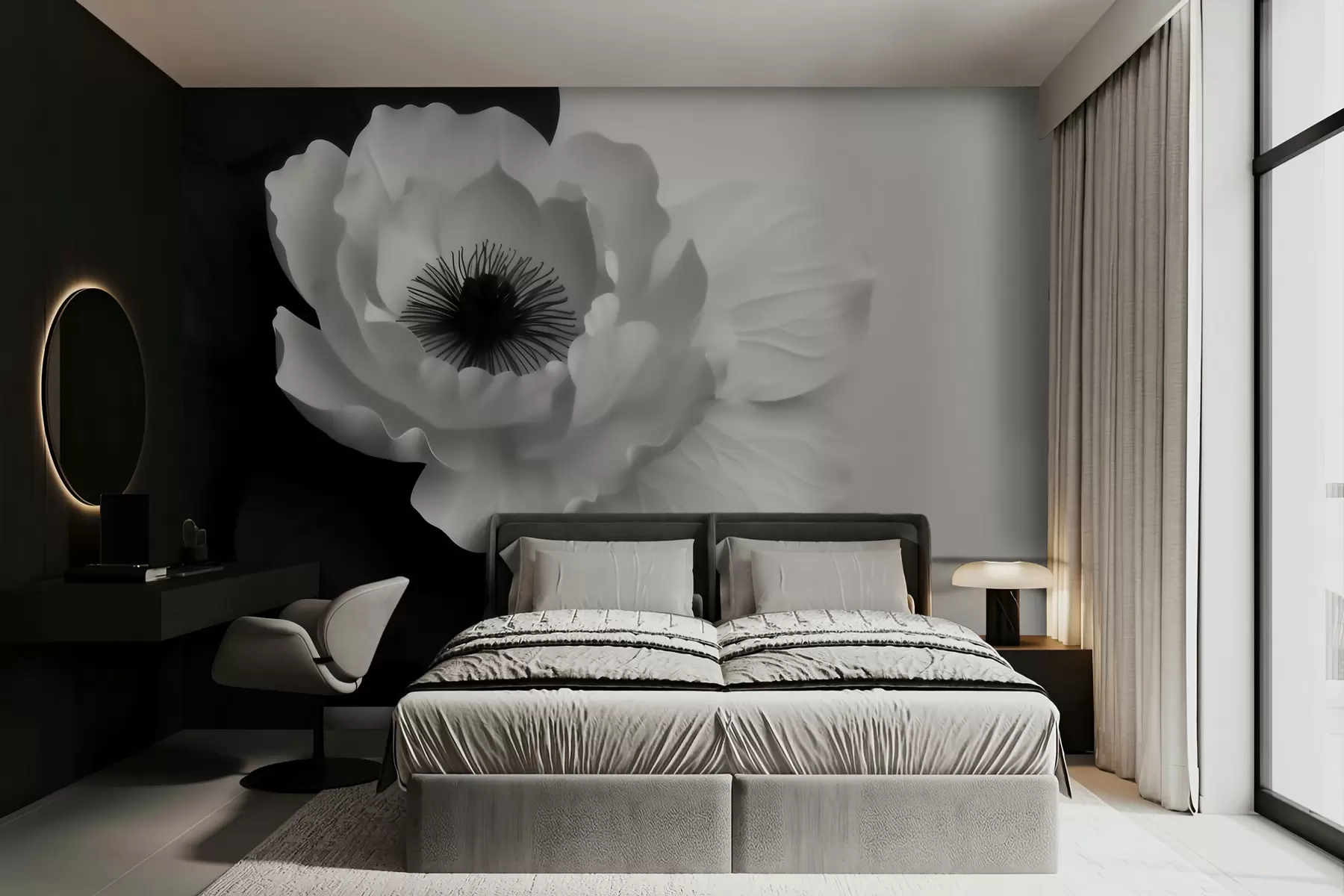 murales Una flor blanca que contrasta con un centro oscuro sobre un fondo en blanco y negro w09852