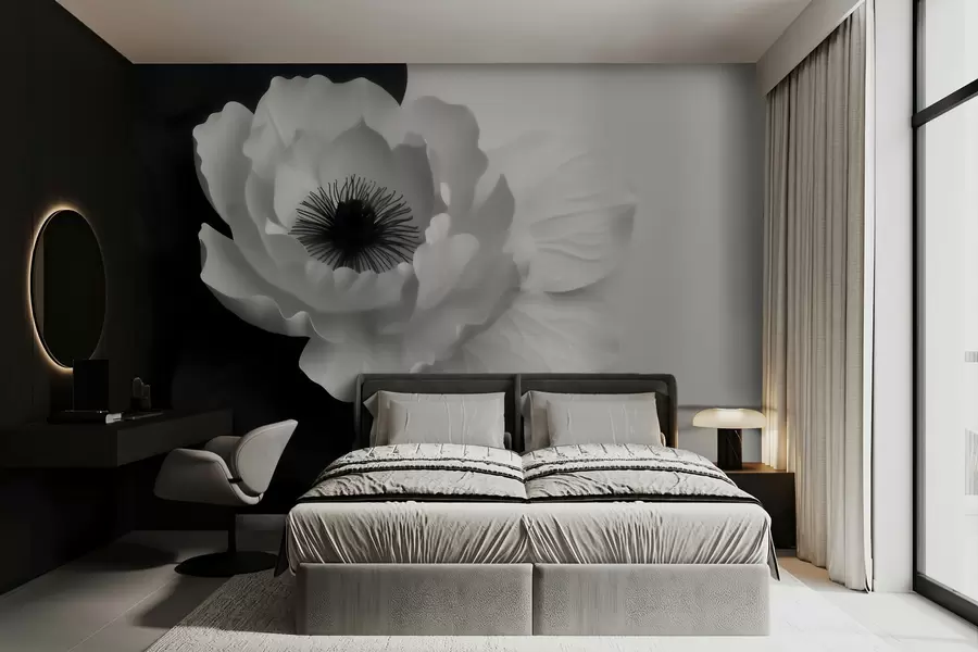 murales Una flor blanca que contrasta con un centro oscuro sobre un fondo en blanco y negro w09852