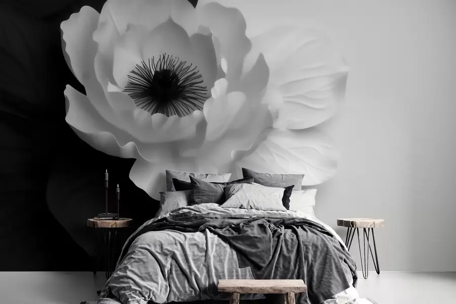 murales Una flor blanca que contrasta con un centro oscuro sobre un fondo en blanco y negro w09852