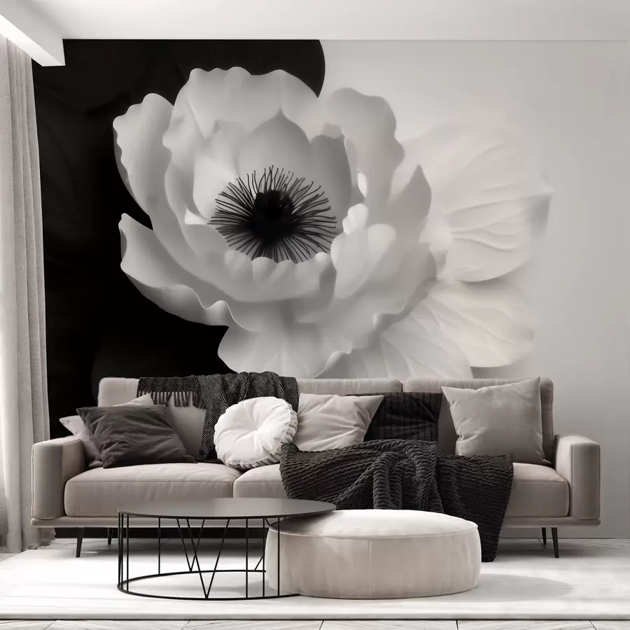 Wall Mural Photo Wallpaper A contrasting white flower with a dark center on a black-and-white background w09852
