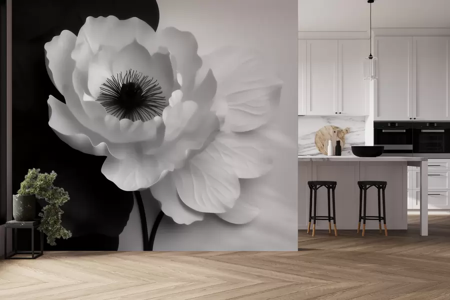 Wall Mural Photo Wallpaper A contrasting white flower with a dark center on a black-and-white background w09852