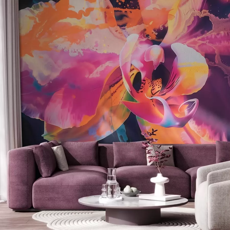 Wall Mural Photo Wallpaper A vibrant abstract orchid flower with rich colors and dynamic forms in watercolor style w09855