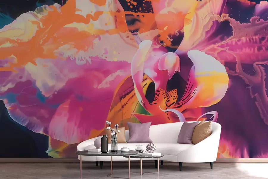 Wall Mural Photo Wallpaper A vibrant abstract orchid flower with rich colors and dynamic forms in watercolor style w09855