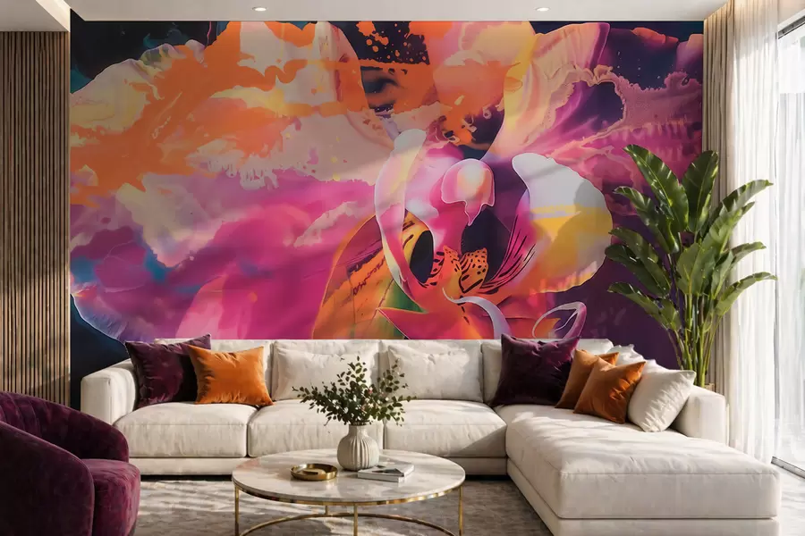 Wall Mural Photo Wallpaper A vibrant abstract orchid flower with rich colors and dynamic forms in watercolor style w09855