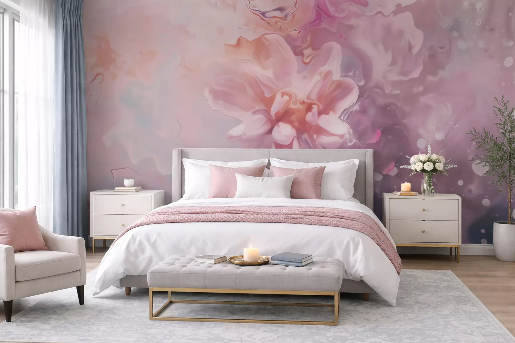 Wall Mural Photo Wallpaper An abstract composition with a flower and soft pink washes in watercolor style w09859