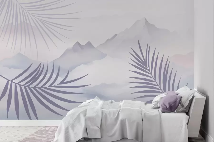 murales Hojas de palmera con las montañas de fondo w05548