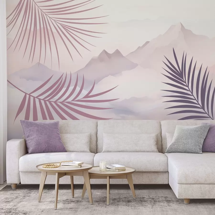 murales Hojas de palmera con las montañas de fondo w05548v1