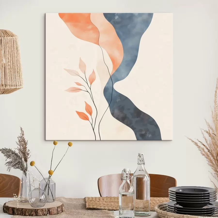 murales Composición floral con líneas fluidas en una paleta de colores azul y naranja s48837