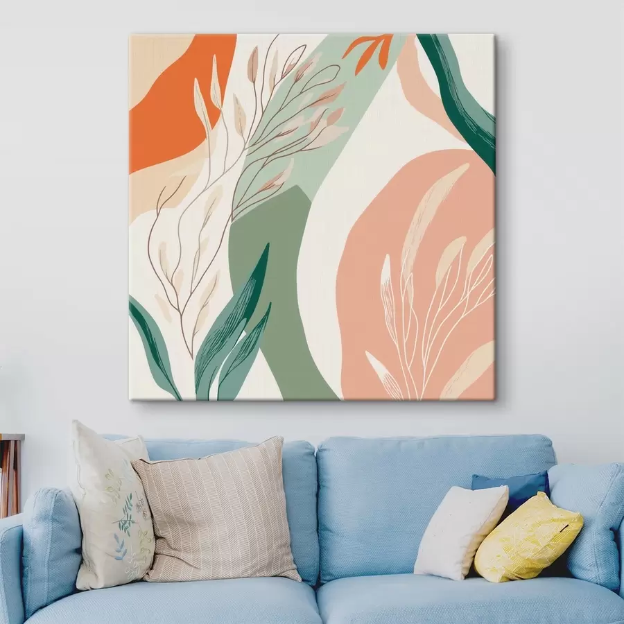 murales Arte botánico con formas suaves en una paleta de tonos verde coral s48840