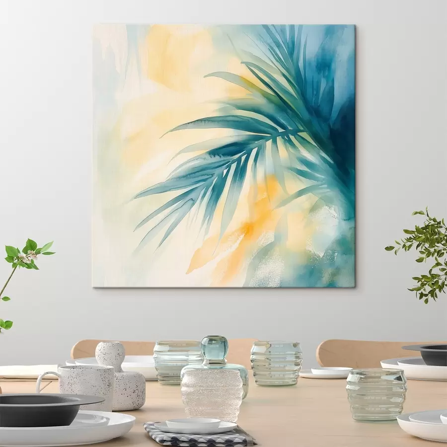 murales Hojas de palmera tropical en tonos azul turquesa sobre un fondo de cálidas manchas de acuarela s48849