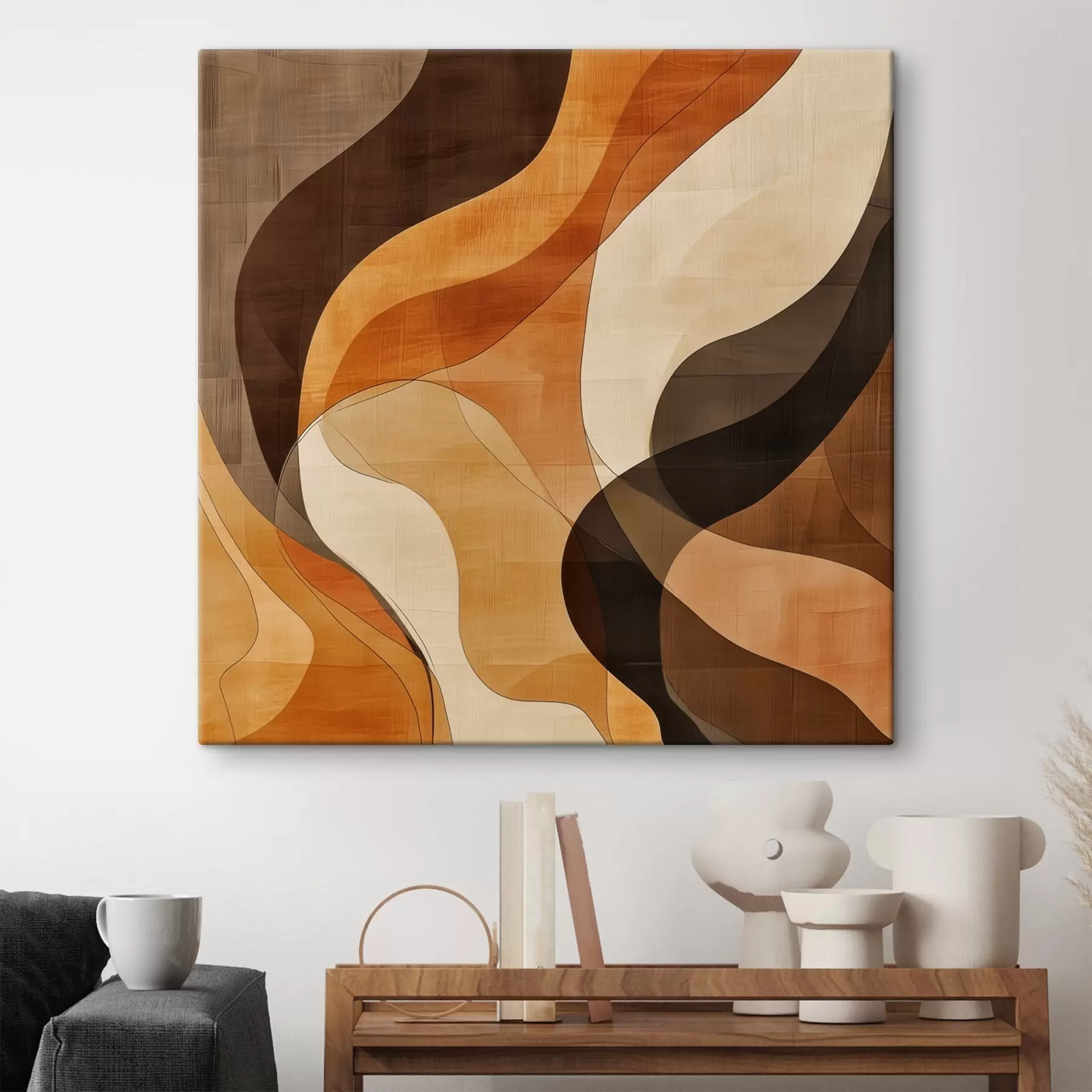 wall murals Abstract composition with dynamic wavy lines in a terracotta-brown palette s48851