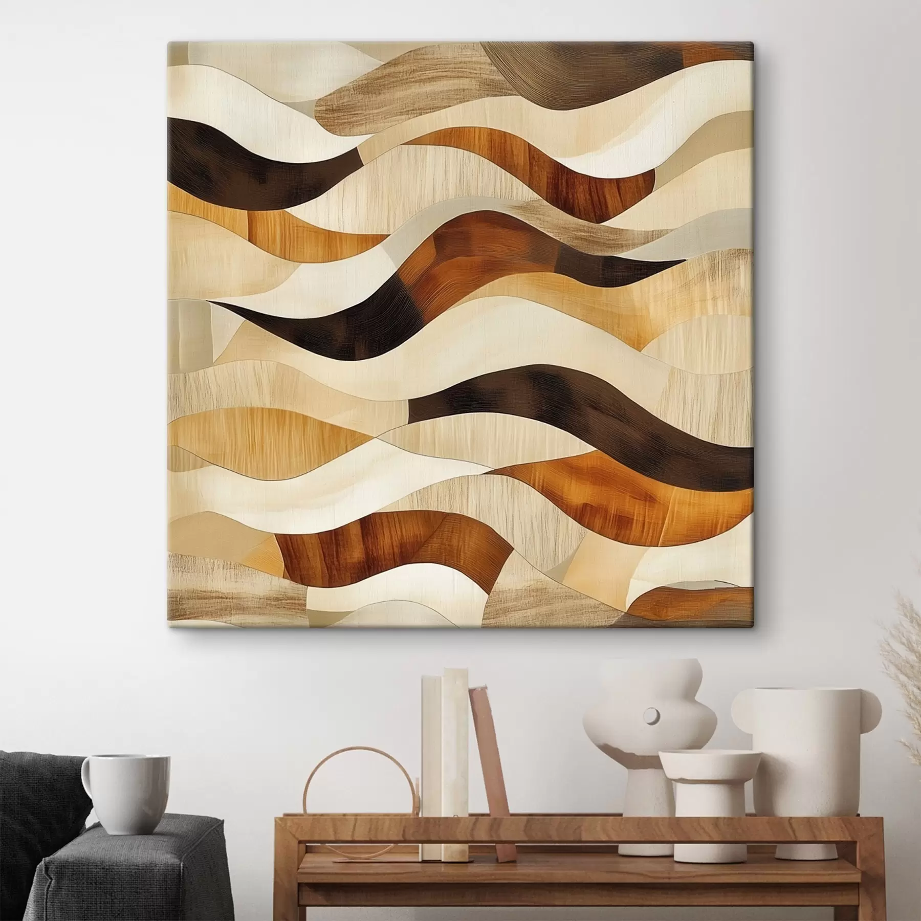 murales Estética de líneas orgánicas y tonos de madera natural en un estilo artístico de póster s48852