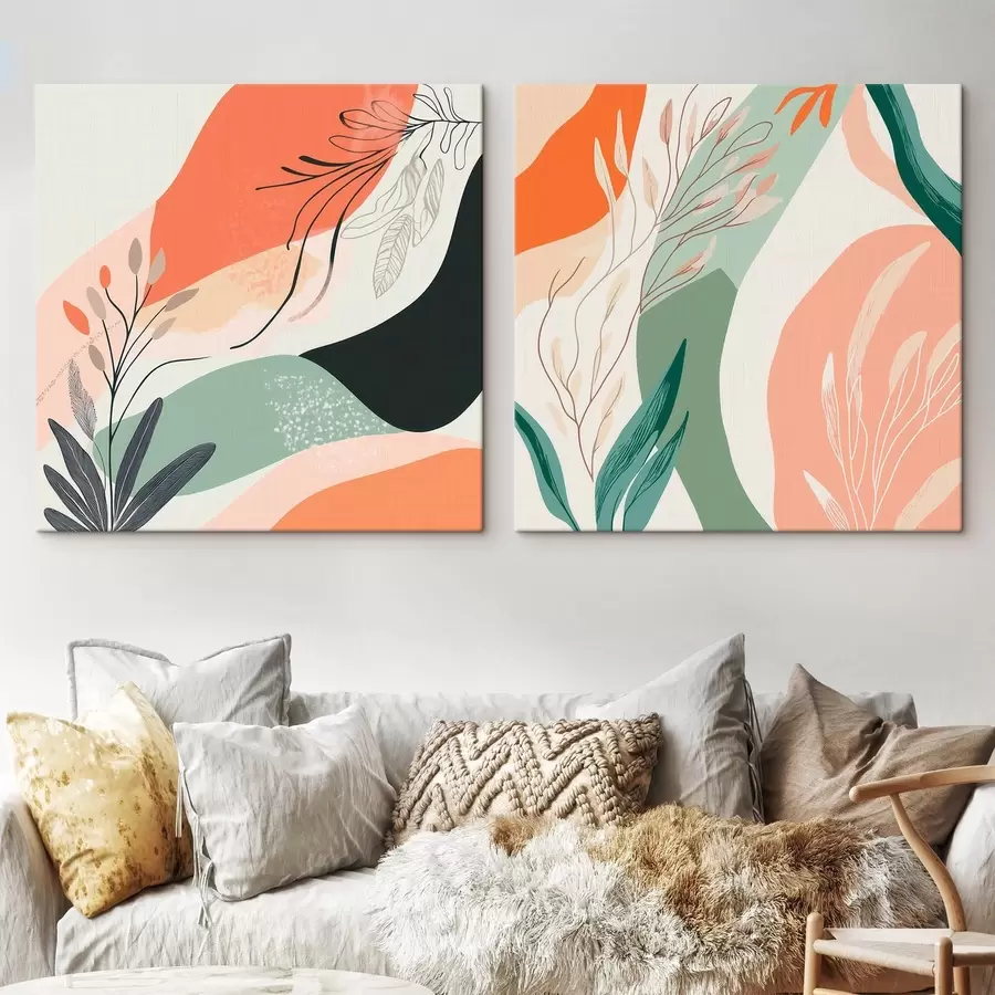 murales Díptico abstracto con motivos vegetales y manchas de color en estilo moderno m30347