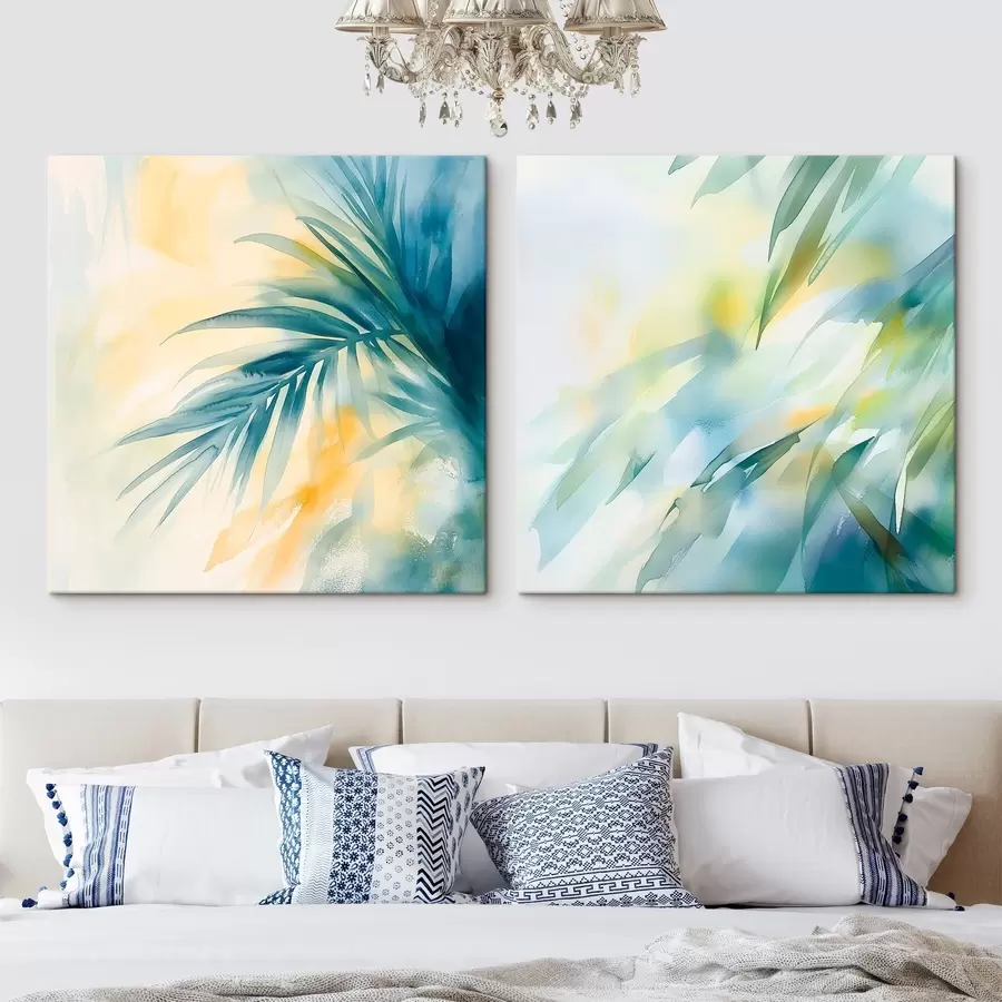 Wall Mural Photo Wallpaper Tropical leaves in a turquoise-yellow palette in a watercolor effect style m30351